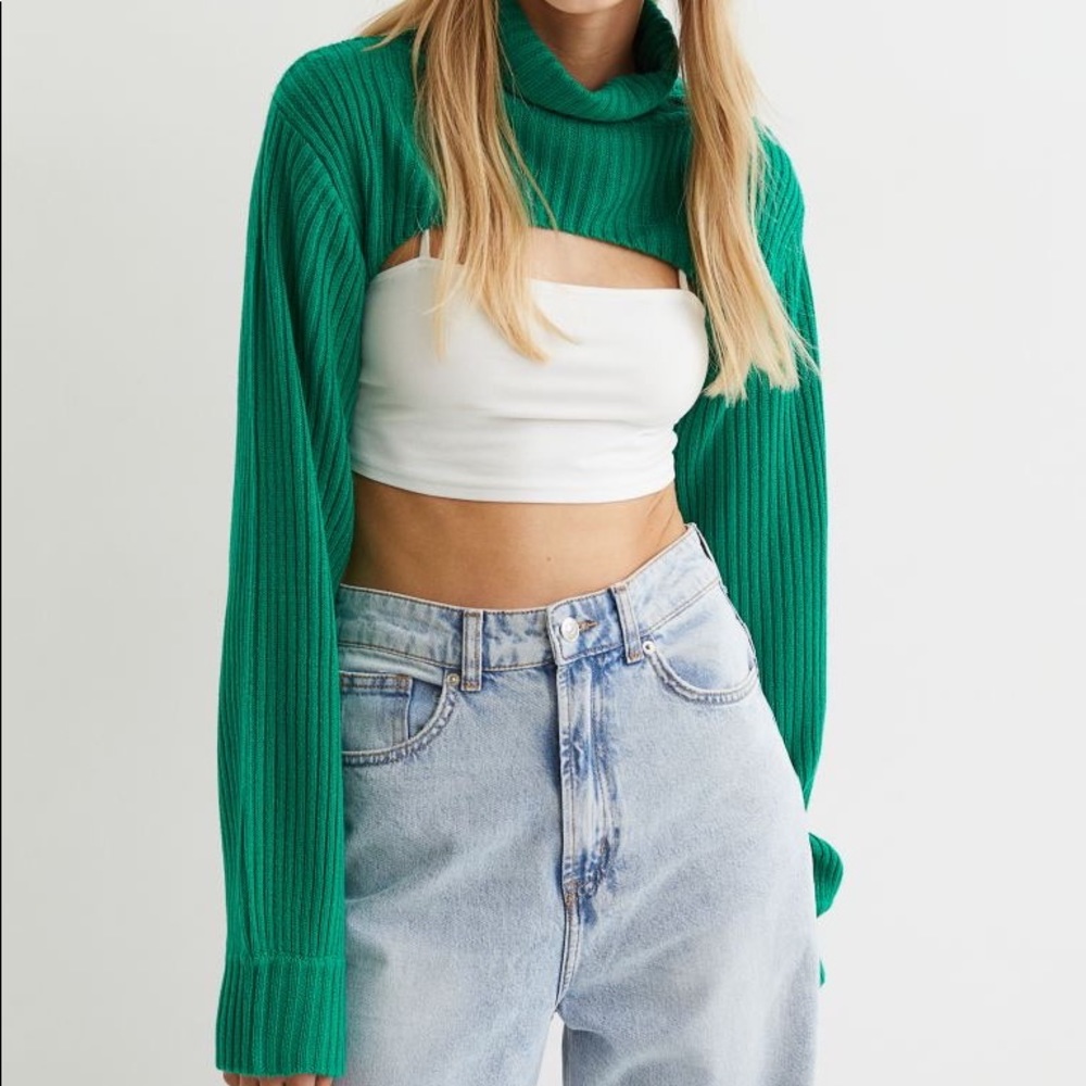 NWT Green Cropped Ribbed Knit Turtleneck Sweater | H&M - Picture 3 of 15